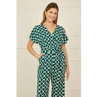 Yumi Women's Green Geometric Print Wrap Jumpsuit | Size: 14