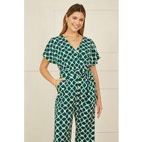 Yumi Women's Green Geometric Print Wrap Jumpsuit | Size: 16