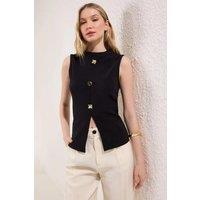 HOXTON GAL Women's Regular Fit Crew Neck Sleeveless Blouse with Buttons in Black | Size: XL