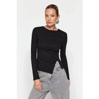 HOXTON GAL Women's Cotton Ruched Long Sleeve Crew Neck Blouse with Side Slit in Black | Size: XS