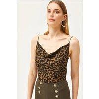 HOXTON GAL Women's Slim Fit Cowl Neck Spaghetti Strap Blouse in Brown | Size: Small