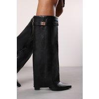 Where's That From Women's Keira Fold Over Shark Block Heel Point Toe Boots in True Black | Size: 4