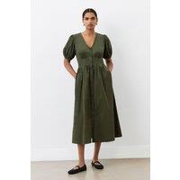 Finery London Women's Arlow Short Sleeve V-Neck Midi Tea Dress in Dark Olive | Size: 12