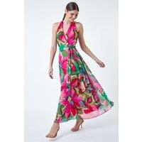 Roman Women's Floral Print Halterneck Maxi Dress in Cerise | Size: 10