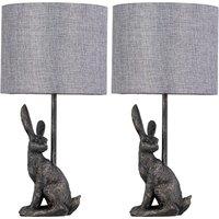 First Choice Lighting Set of 2 Henrietta - Antique Gold Rabbit Table Lamps Grey Linen Shade
