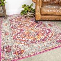Kukoon Pink Grey Geometric Medallion Bordered Rug in Fuchsia | Size: 80 cm x 150 cm