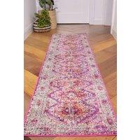 Kukoon Runner Rug Pink Grey Geometric Bordered Long Hallway Rugs in Purple | Size: 60 cm x 240 cm