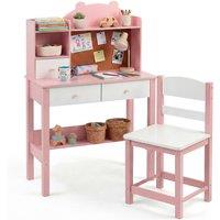 Gymax Study Table Kids Desk & Chair Set Writing Desk With Storage Hutch in Pink