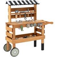 Costway Wooden Kids Tool Bench 2-in-1 Outdoor Toddler Rolling Cart w/ Canopy in Brown