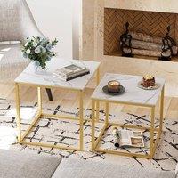 Huhote Nesting Tables 2 Set White Marble Finish Top Metal Frame End Table Side Table in Gold