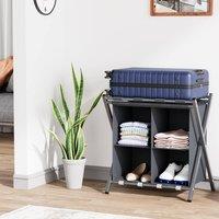 Huhote Stylish Luggage Rack With Storage 2 Tier Metal Folding Suitcase Stand in Grey