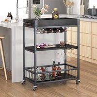 Huhote Bar Cart With Wine Rack & Handle Kitchen Storage Carts With Wheels in Black