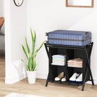 Huhote Stylish Luggage Rack With Storage 2 Tier Metal Folding Suitcase Stand in Black