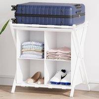 Huhote Stylish Luggage Rack With Storage 2 Tier Metal Folding Suitcase Stand in White