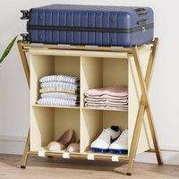 Huhote Stylish Luggage Rack With Storage 2 Tier Metal Folding Suitcase Stand in Gold