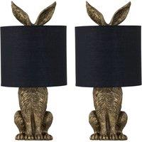 First Choice Lighting Set of 2 Babs - Antique Gold Hare Table Lamps With Black Fabric Shade