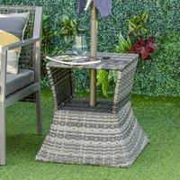OUTSUNNY Rattan Side Table Outdoor Tea Coffee Table w/ Umbrella Hole for Bistro Garden in Grey