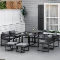 OUTSUNNY 8 Seater Aluminium Garden Dining Cube Setwith 4 Chairs 4 Footstools in Grey