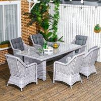 OUTSUNNY 6 Seater Rattan Dining Set with Glass Top Table & Cushions in Grey | Size: 7 Pack