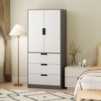 HOMCOM 2 Door Wardrobe Grey Wardrobe with 3 Drawer & Hanging Rod for Bedroom