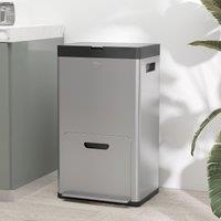 HOMCOM 3 Compartment Kitchen Bin, 56L Stainless Steel Pedal Bin with Wheels in Silver