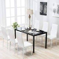 KOSY KOALA Black Glass Dining Table With Set of 6 White Faux Leather Chairs