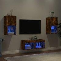 Berkfield Home 4 Piece TV Wall Cabinets with LED Lights Smoked Oak in Brown