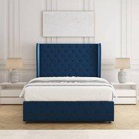 BSSPOKE Faye Plush Velvet Divan Bed Set 54 Headboard & Mattress No Drawers in Blue | Size: Super King