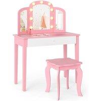 Gymax 2-in-1 Princess Vanity Table & Stool With Tri-Folding Lighted Mirror in Pink
