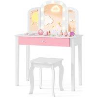 Gymax 2-in-1 Princess Vanity Table & Stool With Tri-Folding Lighted Mirror in White