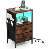 Gymax Nightstand End Table With Charging Station 2 Drawers & LED lights in Brown