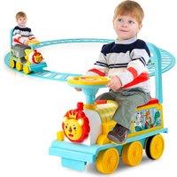 Gymax Electric Ride On Train With 16 PCS Tracks Lights & Sounds Storage Seat in Blue