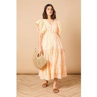 Oasis Women's Broderie V Neck Angel Sleeve Maxi Dress in Apricot | Size: 14