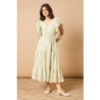 Oasis Women's Broderie V Neck Angel Sleeve Maxi Dress in Sage | Size: 14