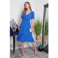 DOUBLE SECOND Women's Blue Puff Sleeve Wrap Front Midi Dress | Size: 12