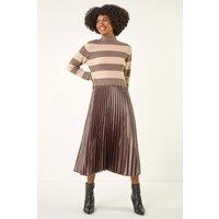 Roman Women's Stripe Knit Pleated Dress in Tan | Size: 14