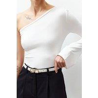 WOVCOR Women's Slim Faux Leather Belt with Metal Buckle in Ecru | Size: Medium