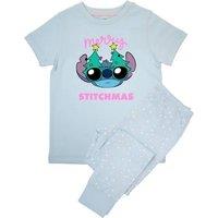 Lilo & Stitch Girl's Merry Stitchmas Cotton Short-Sleeved Long Pyjama Set in Baby Blue | Size: 3-4 Years