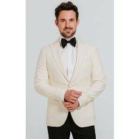 Dobell Men's White Slim Fit Peak Lapel 2 Piece Tuxedo with Black Trousers in Cream | Size: 46L