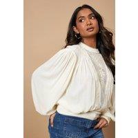 Oasis Women's High Neck Lace Embroidered Long Sleeve Blouse in Cream | Size: 8