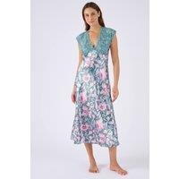 Damart Women's Breezy Satin Print Nightdress with Lace V-Neck in Aqua | Size: 2XL