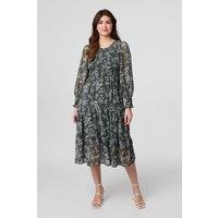 Izabel London Women's Floral Semi Sheer Smocked Midi Dress in Green | Size: 18