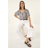 Roman Women's Mono Printed Tie Neck Top in White | Size: 10