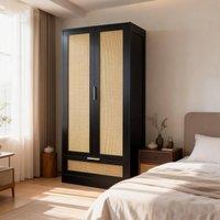 FURNITURE ONE 2-Door Rattan Wardrobe Closet with Drawer in Black | Size: 1 Pack
