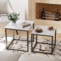 Huhote Nesting Tables 2 Set White Marble Finish Top Metal Frame End Table Side Table in Black