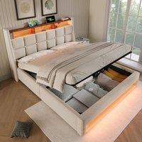 BTM Upholstered Bed with LED & USB Charging Headboard in Beige | Size: Double