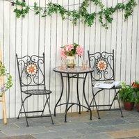 OUTSUNNY 3PCs Garden Set 1 Ceramic Tile Round Table & 2 Foldable Chairs in Black