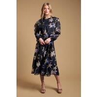 Oasis Women's Floral Organza Shirred Waist Midi Dress in Navy | Size: 14