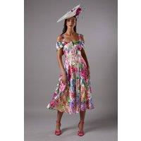 Coast Women's Lisa Tan Printed Organza Bardot Midi Dress | Size: 16