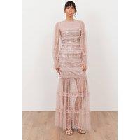Maya Deluxe Women's Embellished Long Sleeve Tulle Maxi Dress in Light Pink | Size: 10